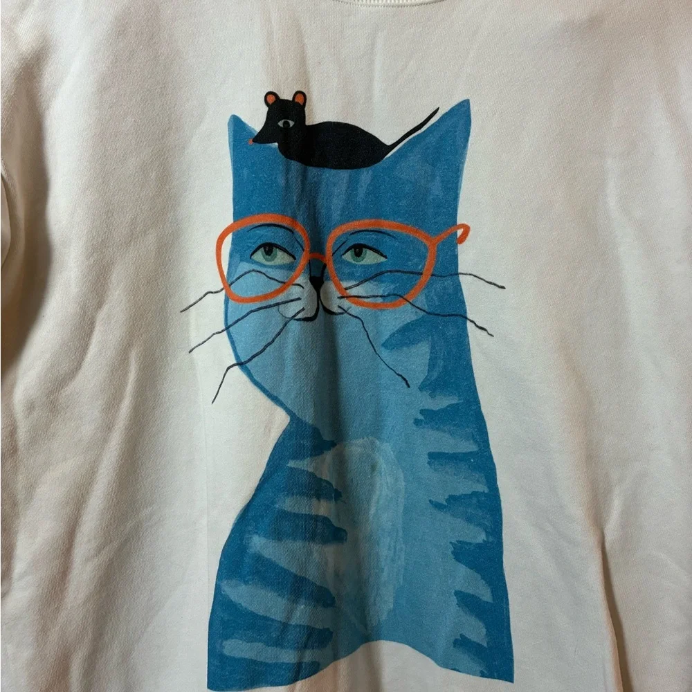 White Cat Sweatshirt with Blue Cat Print. Size M